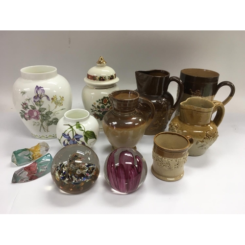 127 - A small collection of ceramics and glass comprising Doulton Lambeth and similar harvestware items, p... 