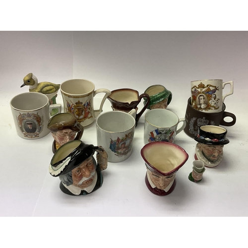 132 - A good box of mixed ceramic items inc crested china, Doulton Toby jugs, etc. NO RESERVE