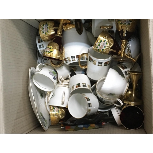 154 - No Reserve - A box a Dutches porcelain tea set decorative Murano drinking glasses and oddments