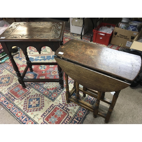 160 - No Reserve - A carved oak occasional table with a rectangular top and a small oak drop leaf table (2... 