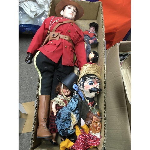 162 - Collection of various vintage puppets and dolls including a Canadian mounted police doll. NO RESERVE