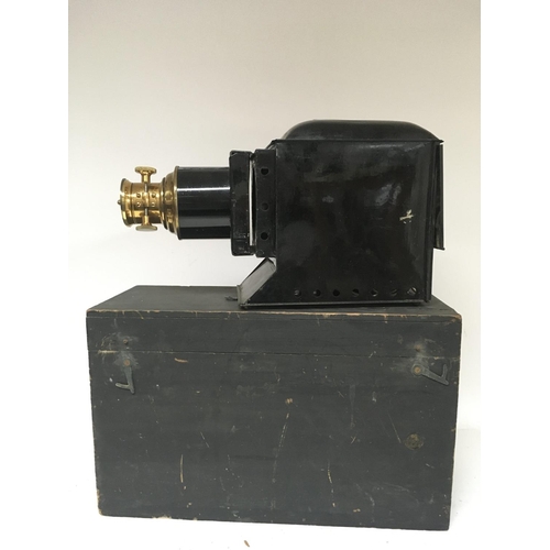 168 - No Reserve - An Antique brass and painted metal lantern slide projector in a pine box.