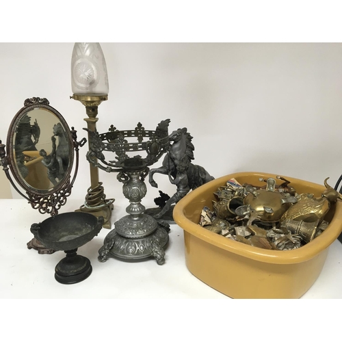 17 - A collection of metal and brassware a lamp Marley Horse mirror and a quantity of brass animals. Post... 