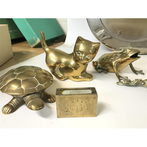 196 - No Reserve - Brass ornaments including brass animals, a plate box and match stick boxes