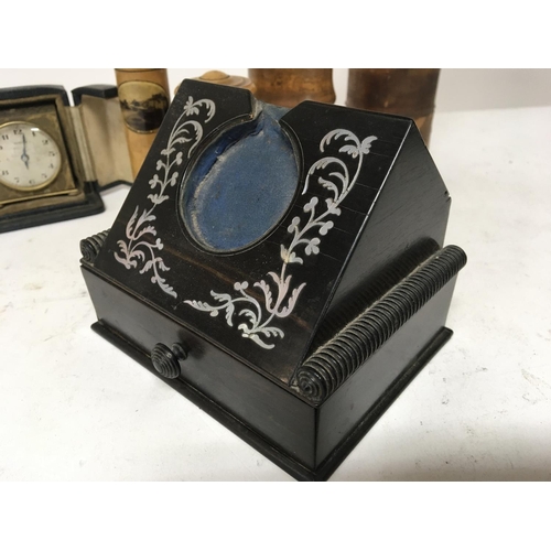 22 - An Early 19th century Coromandel wood and mother of pearl inlaid watch holder a small vintage  trave... 