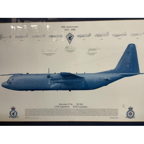 343 - Framed and signed plane prints of a Hercules C3A & Spitfires signed by Johnnie Johnson