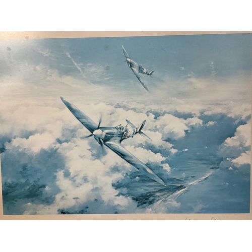 343 - Framed and signed plane prints of a Hercules C3A & Spitfires signed by Johnnie Johnson