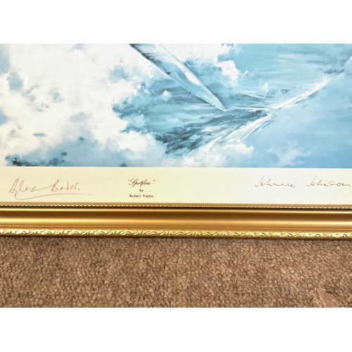 343 - Framed and signed plane prints of a Hercules C3A & Spitfires signed by Johnnie Johnson