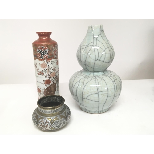 4 - A Chinese Celadon crackleware double gourd vase Hight 27cm  a Japanese Kutani vase and a brass white... 