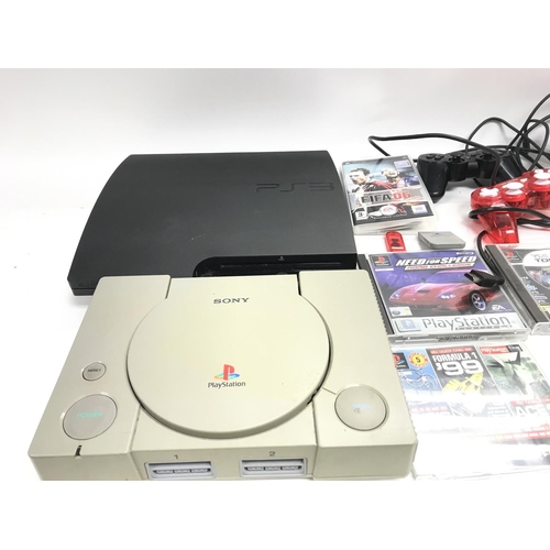 413 - A PlayStation and a PlayStation 3 with various games and accessories.