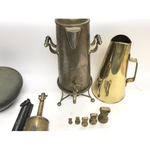 436 - A collection of predominantly brass items including bells - vase - scales etc.