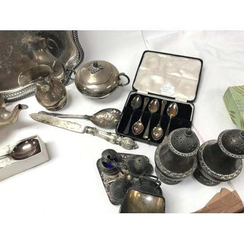 446 - Silver plated tableware ornaments including cutlery, teapots and a sugar bowl NO RESERVE