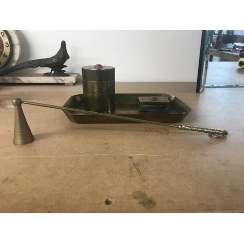 490 - No Reserve - A brass collection of scales and smoker set. Smoker set including tray, candle snuffer,... 