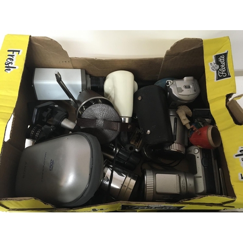 5 - A box containing camera equipment other oddments and a miners safety lamp. Postage Category C.   NO ... 