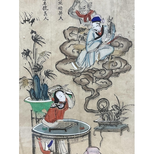 521 - Traditional Japanese watercolours on silk paper with cracked frames, estimated early 20th century. A... 