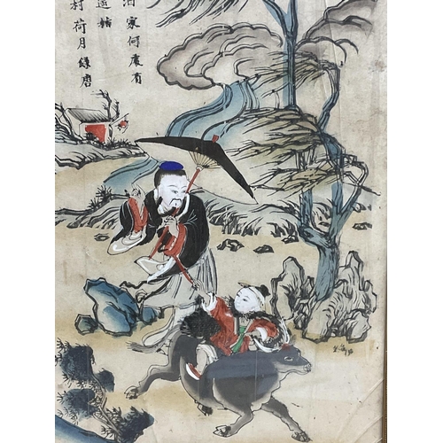 521 - Traditional Japanese watercolours on silk paper with cracked frames, estimated early 20th century. A... 