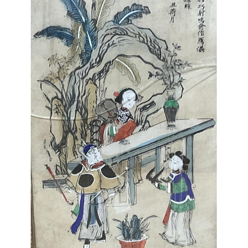 521 - Traditional Japanese watercolours on silk paper with cracked frames, estimated early 20th century. A... 