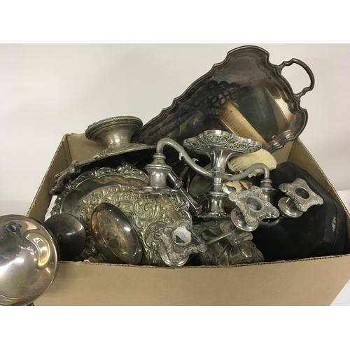 9 - A box containing a large collection of silver plate trays and candelabra and other silver plated war... 