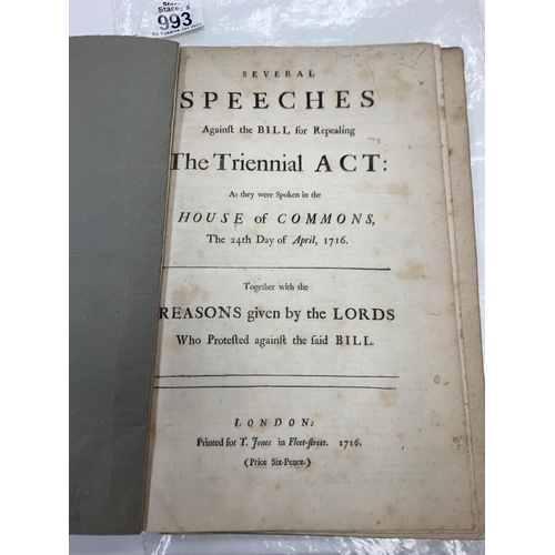 993 - An early rebound booklet dated 1716 ,several speeches against the bill for repealing.