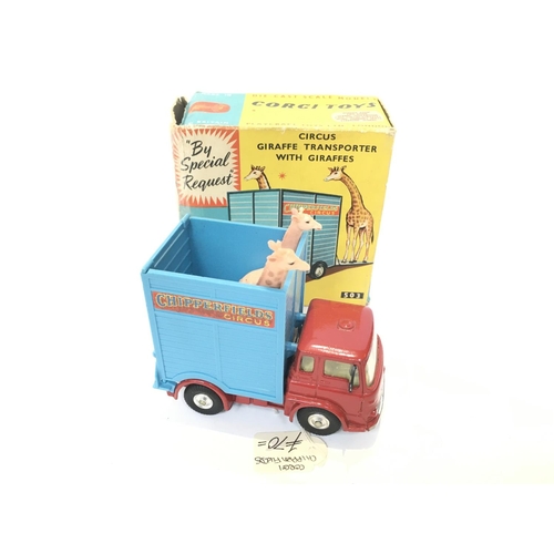 16 - A Boxed Corgi Circus Giraffe Transporter With Giraffes #503. Box is Worn.