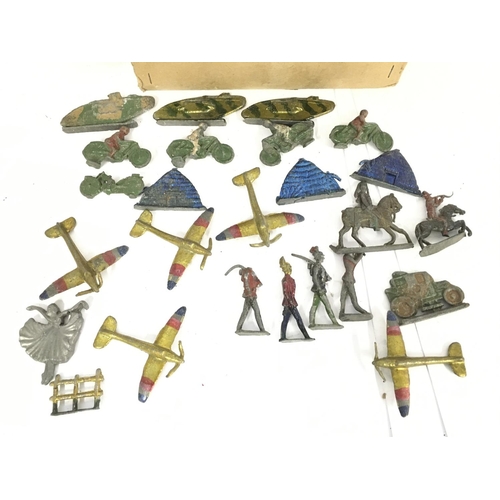 186 - A Box Containing Various Playworn Lead Soldiers. Aircraft. Farm Yard.