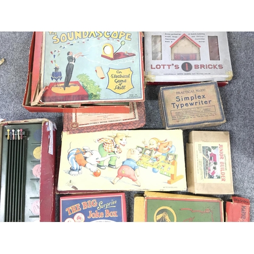 188 - A Collection of Vintage Board Games. Lots Bricks. A Simplex Typewriter etc.