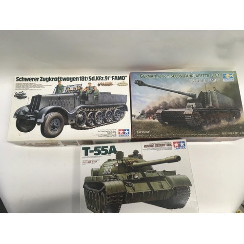 240 - Collection of three military vehicle model kits by Tamika and Trumpeter all in original packaging an... 