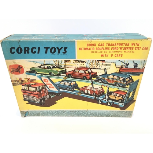 31 - A Boxed Corgi Gift Set #48. Car Transporter with 6 Cars. Box Is Worn.Plastic front is Damaged.