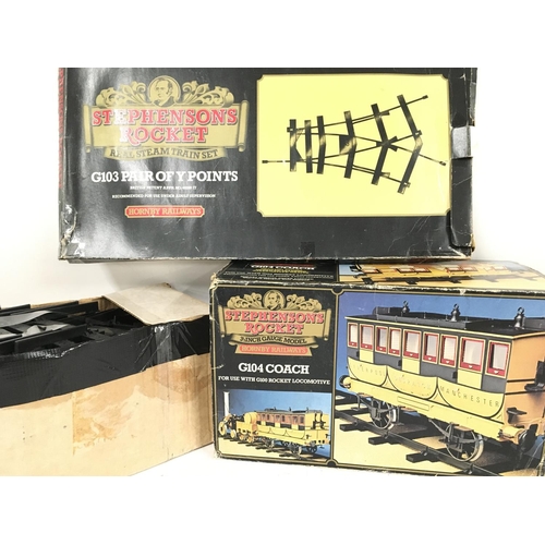 356 - Boxed Hornby Stephensons Rocket. Real Steam Train Set.includes 25ft of Track. A G104 Coach and Point... 