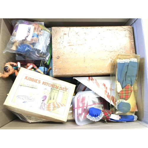 385 - A Box Containing Various Toys Including WWE, Chad Valley. Baykal etc.No Reserve.