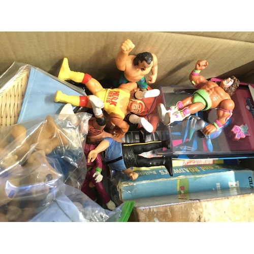 385 - A Box Containing Various Toys Including WWE, Chad Valley. Baykal etc.No Reserve.