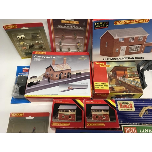 471 - Collection of model railway accessories buildings and figures. 00 gauge by Hornby..Peco..Triang. Mos... 