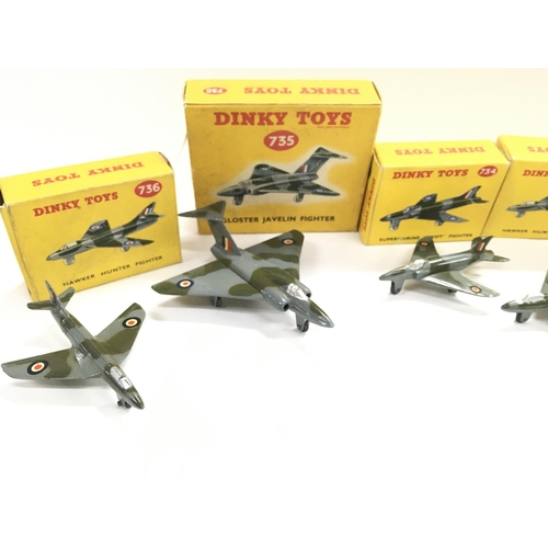 52 - 5 X Boxed Dinky Aircraft Including 2 X Hawker Hunters. A Supermarine Swift. A Gloster Javelin Fighte... 