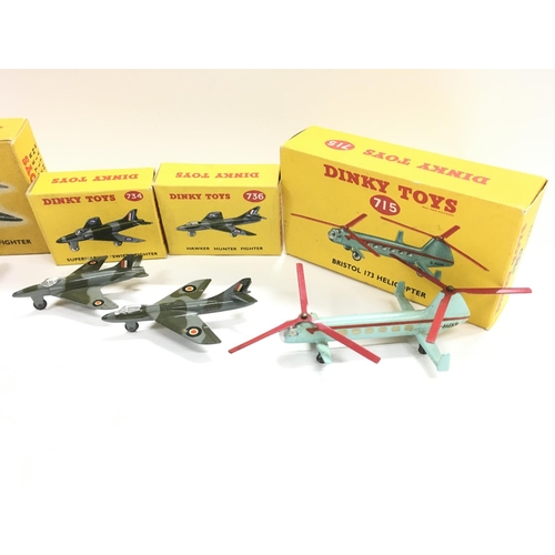 52 - 5 X Boxed Dinky Aircraft Including 2 X Hawker Hunters. A Supermarine Swift. A Gloster Javelin Fighte... 