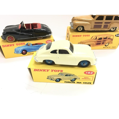 55 - 3 Boxed Dinky Vehicles in Reproduction Boxes. Including Austin Atlantic Convertible #106 a Estate Ca... 