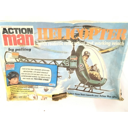 70 - A Boxed Palitoy Action Man Helicopter. With Instructions. Box Is Worn. Tail and ski Damaged.