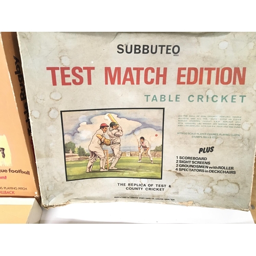 Three subbuteo board games including cricket and rugby.