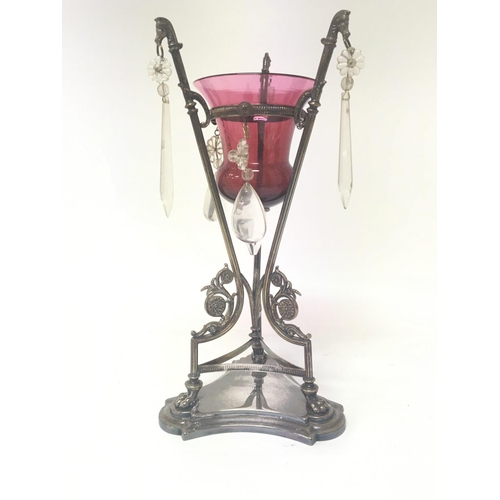 1087 - A Victorian cranberry glass and silver plated Epergne with glass drops. Hight 34cm.