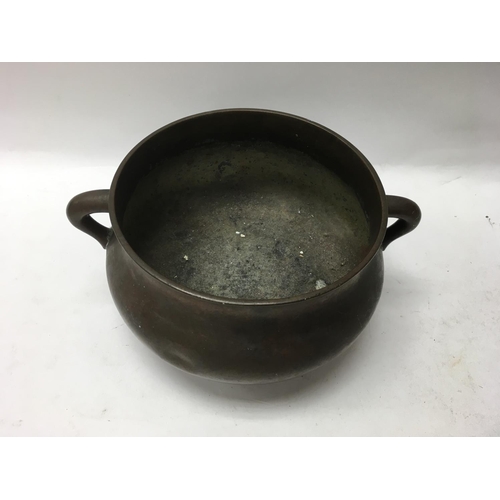 1302 - Small Chinese bronze censer, six character marks impressed to base. Approx 8.5cmx19cm.