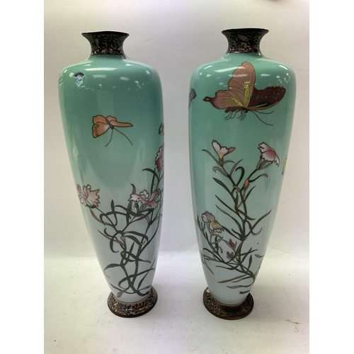 1310 - A pair of Japanese cloisonnÃ© Vases with floral design ( some damage). 31cm.