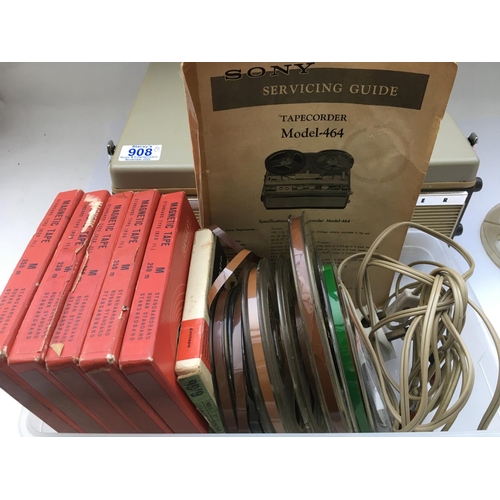 2294 - A Sony Sterecorder 464 reel to reel with service guide and a collection of reels.