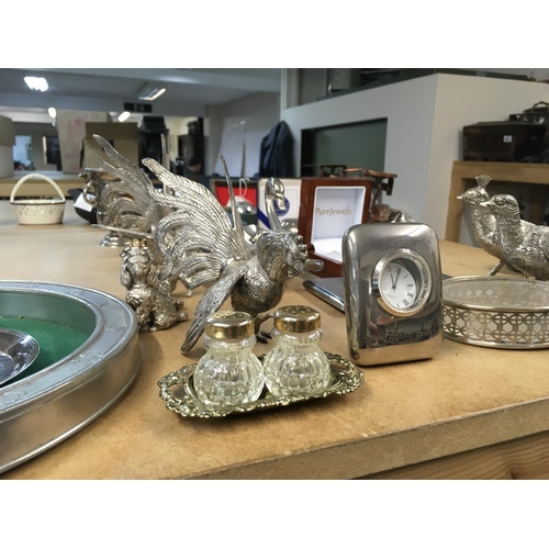 825 - A set of postal scales together with a collection of plated ware including hip flask birds trays, ci... 