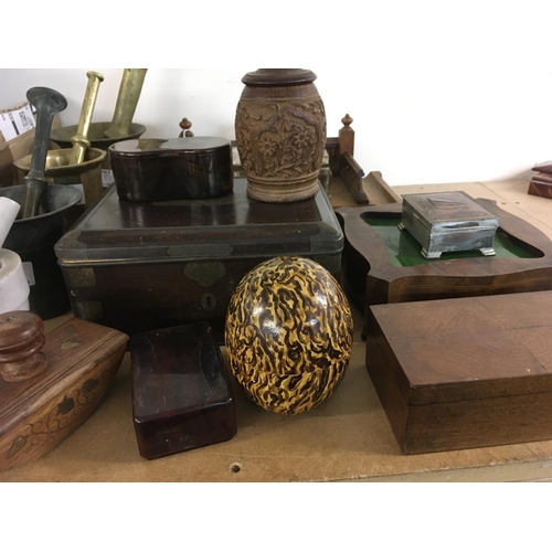 829 - A walnut desk stand inset with glass inkwells, together with boxes various.