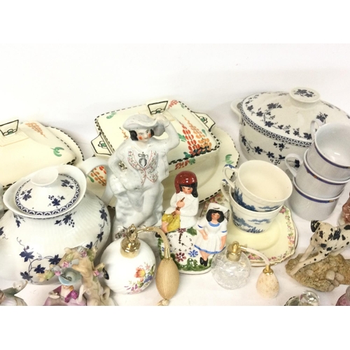 1056 - Ceramic figurines, scent bottles and tea set cups, tea pots etc by Prelude, Burleigh ware and other