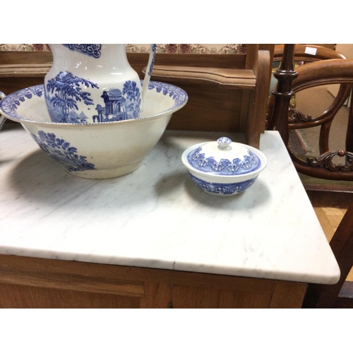 1106 - A blue and white wash bowl and jug along with a chamber pot etc. no reserve.