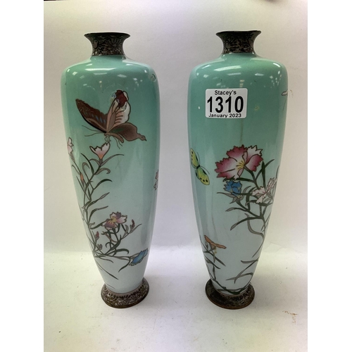 1201 - A pair of Japanese cloisonné Vases with floral design ( some damage). 31cm.