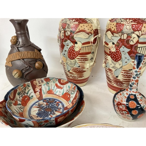 1211 - Vintage satsuma vases and various other Japanese and Chinese China and pottery Calvados jug