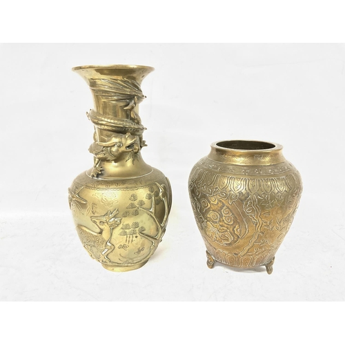 1212 - 19th century Brass Chinese vases including a dragon vase decorated with various wildlife and another... 