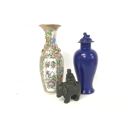 1214 - 19th century Chinese boy on elephant, lidded vase with a four character mark & a famille rose vase