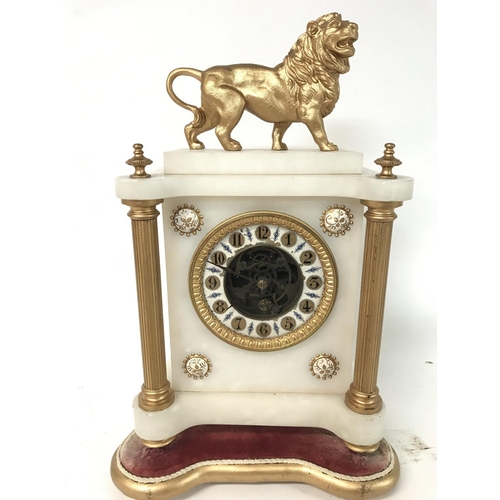 1313 - Marble Lion mantel clock, 38x24cm approx